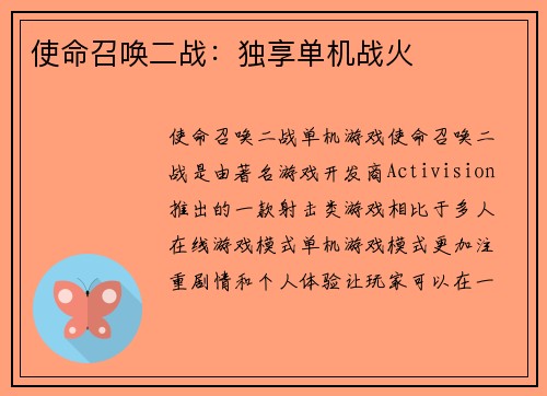 使命召唤二战：独享单机战火